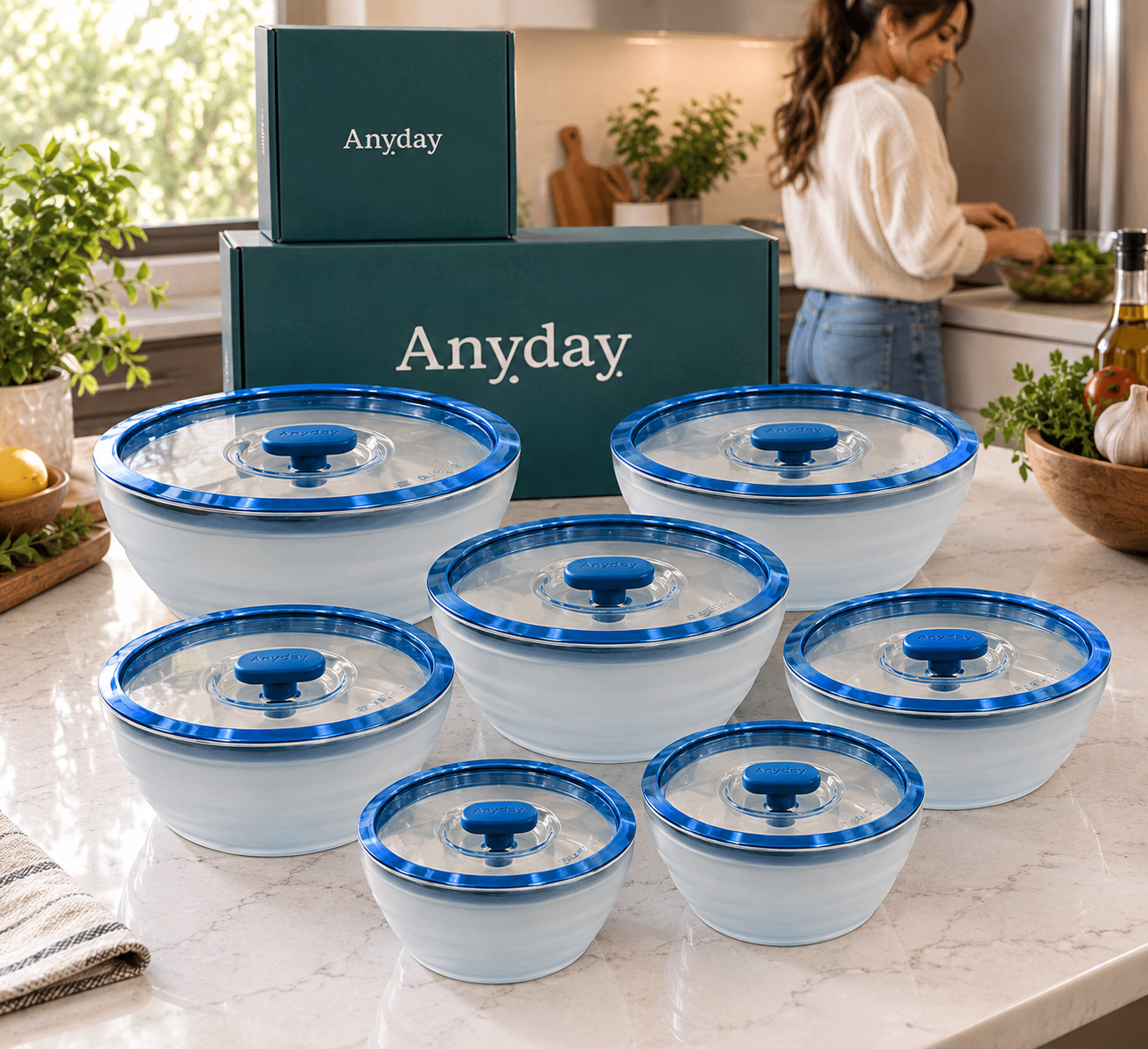 Kit de 7 potes de vidro com tampa azul na cozinha