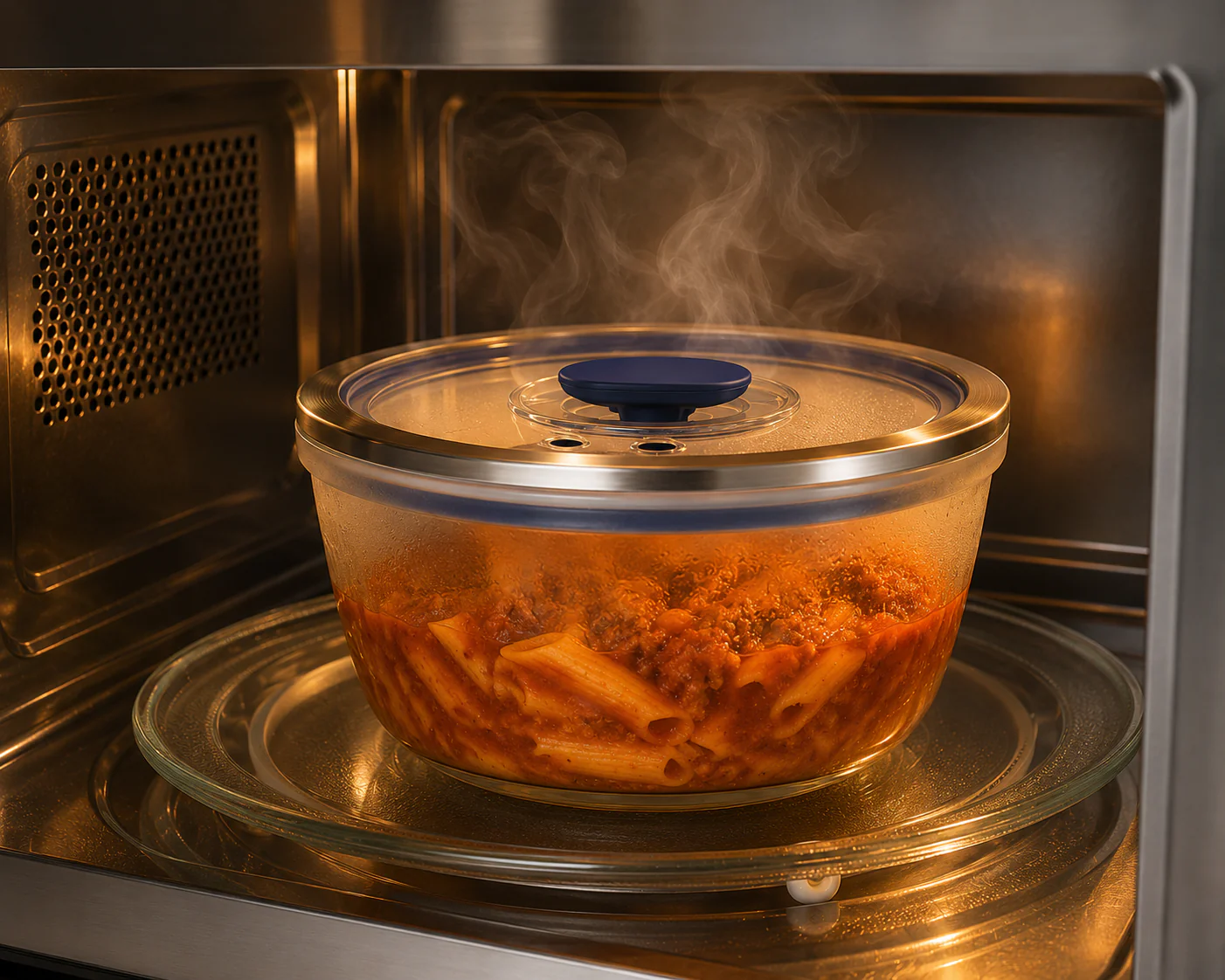 Pote de vidro com alimento sendo aquecido no micro-ondas