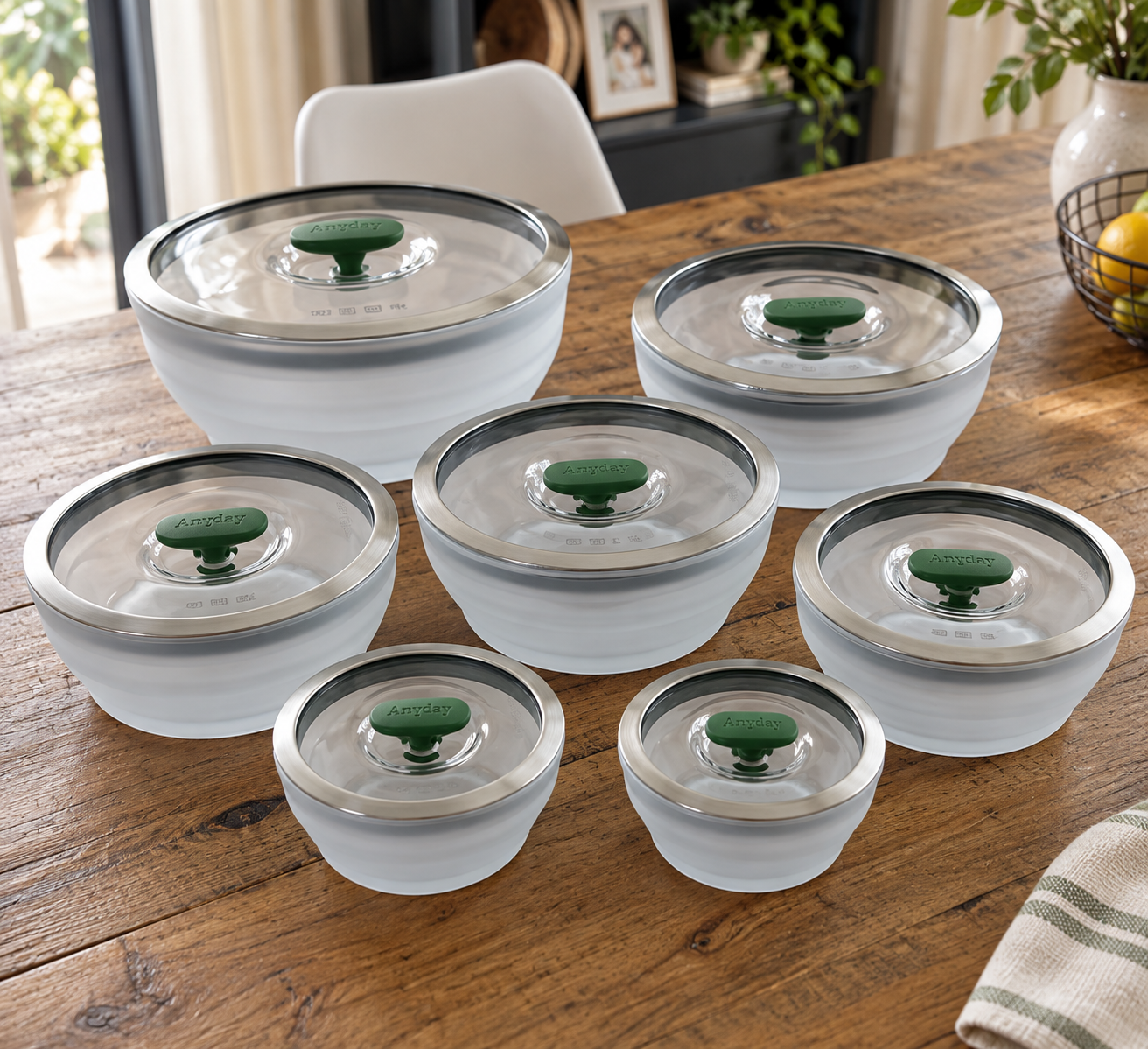 Kit de potes herméticos com tampa verde sobre a mesa